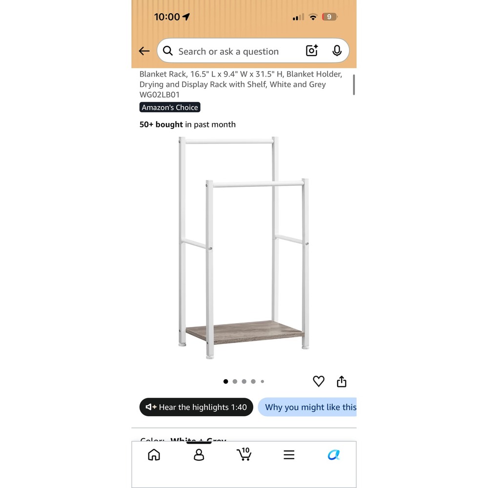 HOOBRO 2 Tier Free Standing Towel Rack Blanket Holder with Shelf White Grey